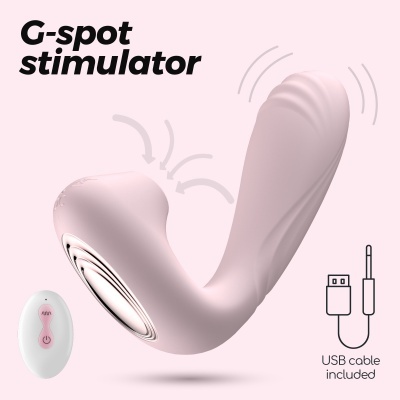 Estimulador do ponto G rosa claro com controlo remoto branco e cabo USB