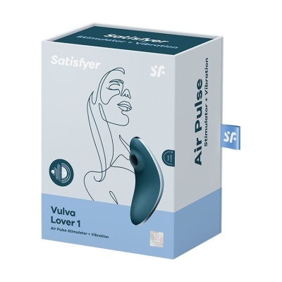 Embalagem azul e cinza do estimulador Satisfyer Air Pulse Vulva Lover 1 com desenho de rosto feminino
