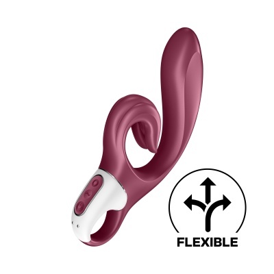 Vibrador flexível em silicone borgonha com controlo branco e símbolo de flexibilidade