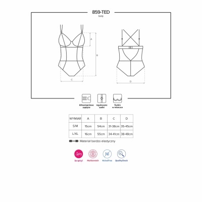 Desenho técnico de body feminino com medidas e etiquetas de cuidados