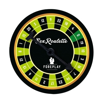 roleta Sex Roulette preta com números verdes e amarelos e ponteiro