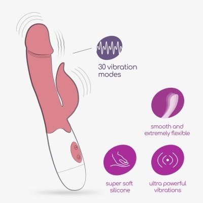 Vibrador em silicone com botões e descrição das características.
