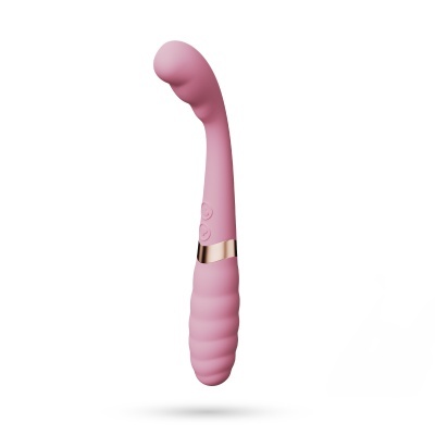 Vibrador rosa em silicone com base texturizada e detalhe dourado