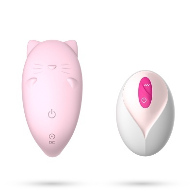 Dois dispositivos pequenos, um em forma de gato rosa e outro branco com botões rosa