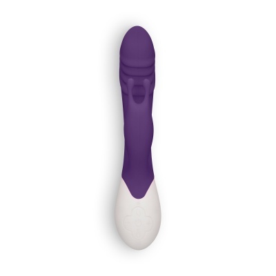 Vibrador de silicone roxo com base branca e botão em relevo.