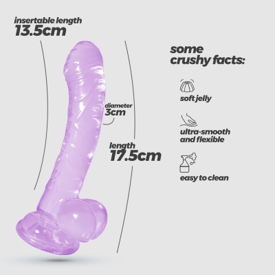 Dildo cor-de-rosa translúcido com medidas e características em texto