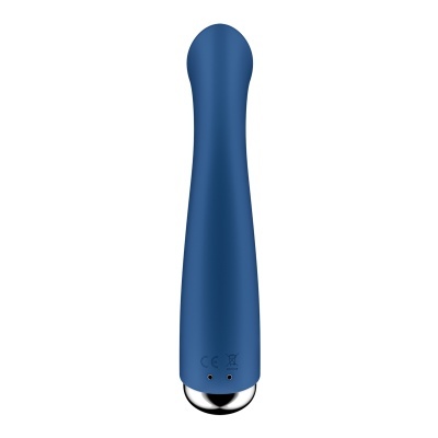 Vibrador azul em silicone com base metálica prateada em fundo branco