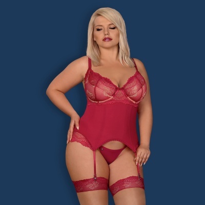 Conjunto de lingerie feminino vermelho com corpete, liga e meia renda