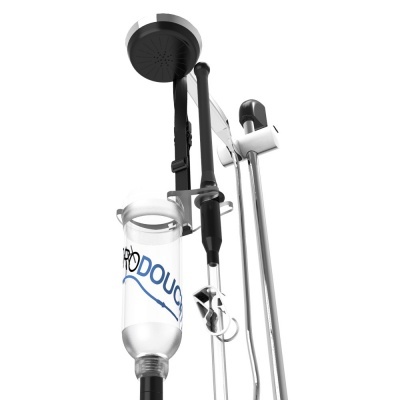 Suporte de duche com chuveiro e recipiente transparente com líquido