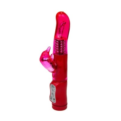 Vibrador cor-de-rosa translúcido com estimulador de coelho e painel de controlo