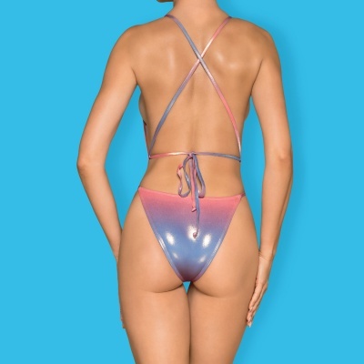 Fato de banho feminino rosa e azul com tiras cruzadas nas costas