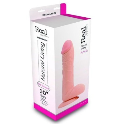 Produto sexual masculino em forma de pénis embalado em caixa branca e rosa.