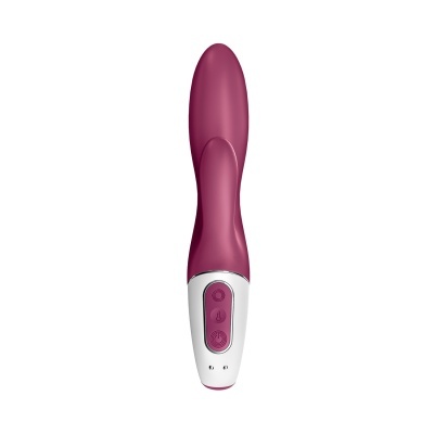 Vibrador rosa escuro com base branca e botões de controlo