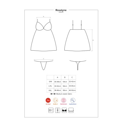 Desenho técnico de conjunto de lingerie Rosalyne com medidas e símbolos de cuidados.