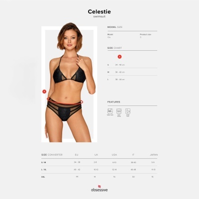 Conjunto lingerie preto Celestie soutien e cuecas, texto tamanhos e tabela, fundo branco