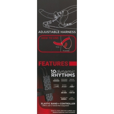 Embalagem preta de arnês ajustável com texto em inglês e ilustrações de uso.