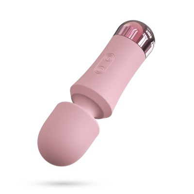 Vibrador portátil rosa com botões e acabamento metálico