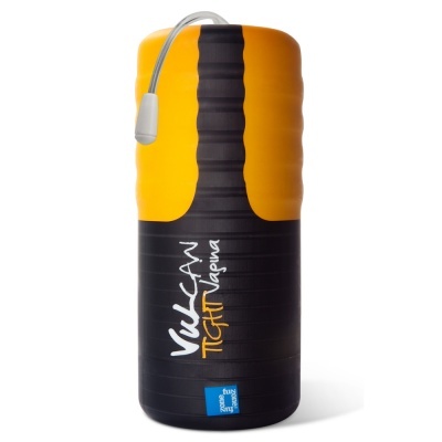 Acessório cylindrical amarelo e preto com texto e alça cinza.