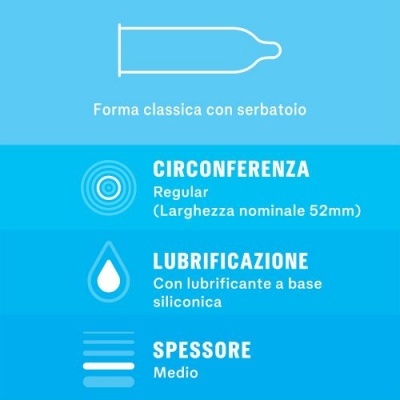 Ilustração de um preservativo com texto técnico em italiano sobre suas características em fundo azul