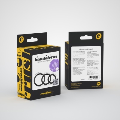 Embalagem preta e amarela de conjunto de anéis de silicone para cockring com texto e instruções.