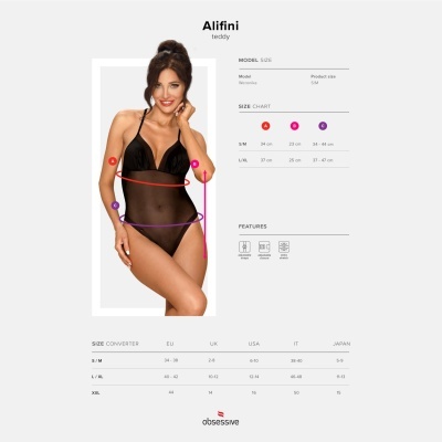 Body preto transparente com alças finas e renda em modelo feminino, informação de tamanhos e características