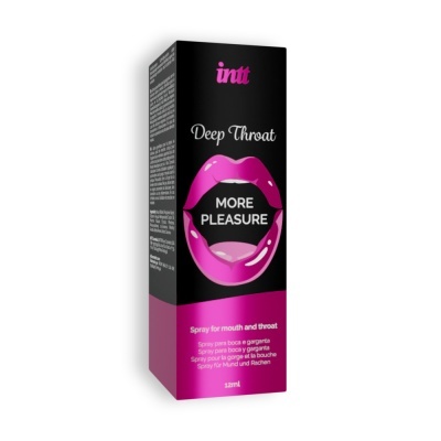 Embalagem de spray para boca e garganta intt Deep Throat, preta e rosa, com lábios desenhados.
