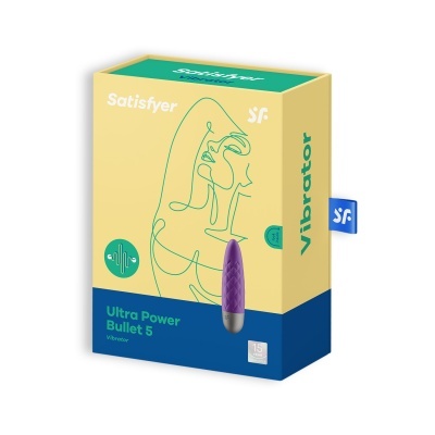 Embalagem de vibrador Ultra Power Bullet 5 da marca Satisfyer com vibrador roxo