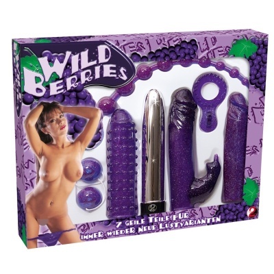 Conjunto de brinquedos sexuais Wild Berries em tons roxos e prateados na sua embalagem