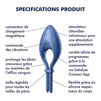 Estimulador clitoridiano azul em silicone com especificações em francês