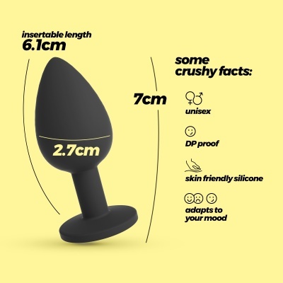 Plug anal preto em silicone com dimensões e características descritas