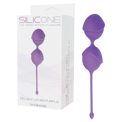 Bolas geisha roxas em silicone com embalagem branca.