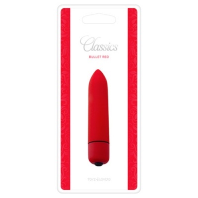 Vibrador bullet vermelho em embalagem branca com bordas vermelhas e texto Classincs BULLET RED.