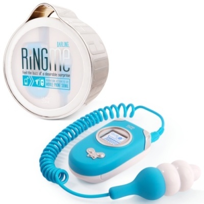 Dispositivo erótico azul com cabo espiral e embalagem redonda branca