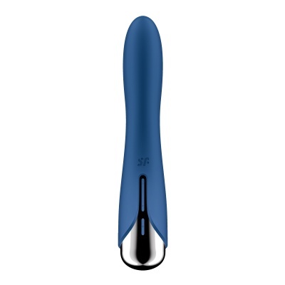 Vibrador azul com base prateada em fundo branco