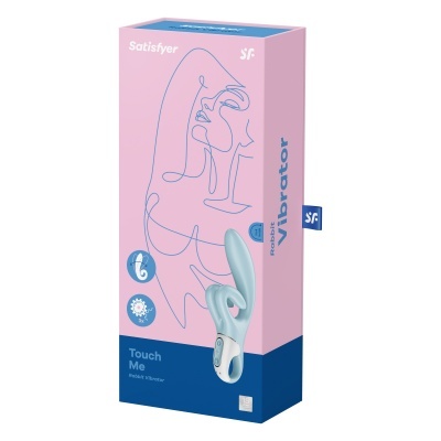 Embalagem rosa e azul de vibrador Satisfyer Touch Me com ilustração linear e texto