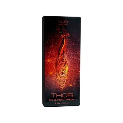 Embalagem preta com design flamejante e texto de gel de fogo Thor