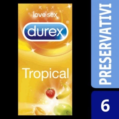 Embalagem Durex Tropical, cor amarela e verde, com texto e frutas, faixa azul com 'PRESERVATIVI' e número 6