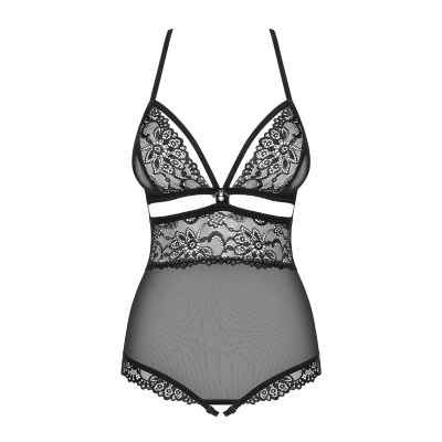 Body feminino em renda preta com padrão floral