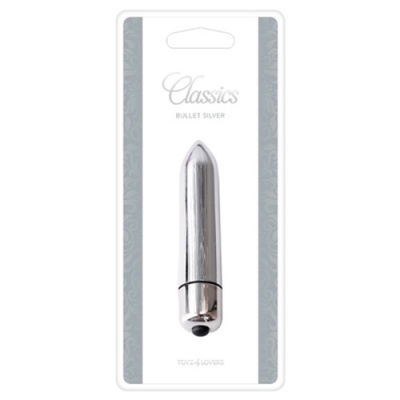 Vibrador prateado em forma de bala na embalagem branca com textos Classics BULLET SILVER