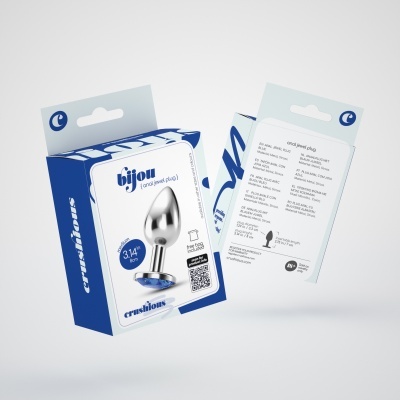 Embalagem de plug anal metálico com base azul e texto em branco e azul