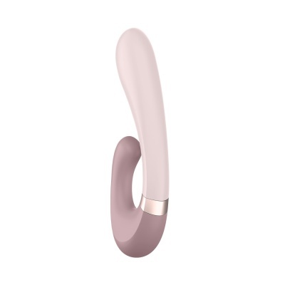 Vibrador curvo rosa claro e roxo com anel metálico prateado