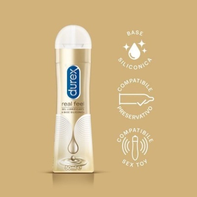Frasco de gel lubrificante Durex Real Feel de 50ml dourado com ícones de compatibilidade