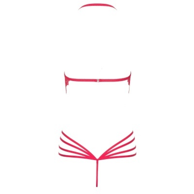 Conjunto de lingerie vermelha com várias tiras finas e fecho metálico no soutien