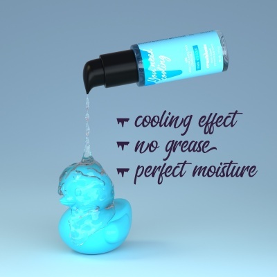 Frasco de gel azul com tampa preta e texto azul sobre fundo azul