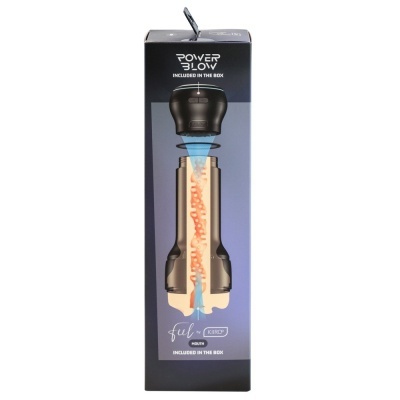 Embalagem de produto metálico prateado e preto com texto POWER BLOW e FULL KISSER