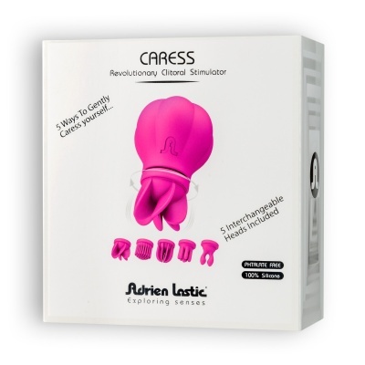 Embalagem branca com estimulador clitoriano cor-de-rosa e cinco cabeças intercambiáveis da Adrien Lastic.