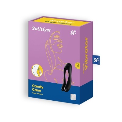 Embalagem roxa e azul do vibrador Candy Cane da Satisfyer com ilustração de rosto feminino em traço amarelo