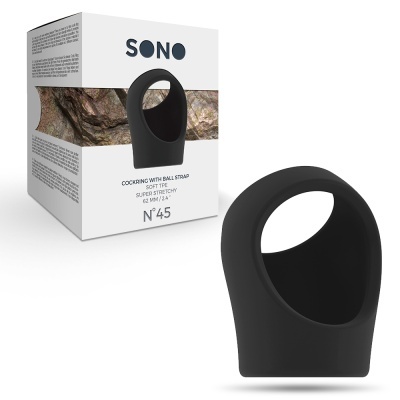 Anel peniano preto de silicone com embalagem branca da marca SONO