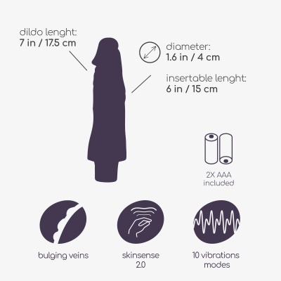 Desenho de dildo preto com especificações técnicas e ícones de características
