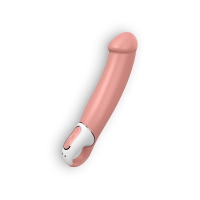 Vibrador cor de pele com base branca e rosa em fundo branco